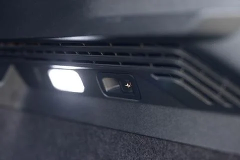Car tow hitch button or opening system. Button for extending and retractable Stock Photos