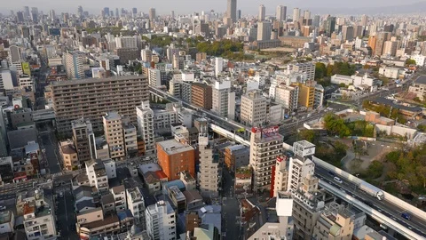 Car traffic aerial view of Osaca City. High-rise buildings and road top view. Stock Footage 89900478