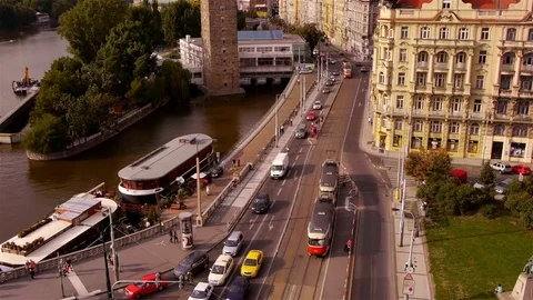 Car Traffic and Trams at Vltava river in Prague Stock Footage 82707564