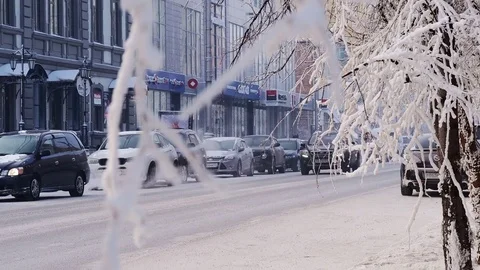 Car traffic in city at winter day Video stock 85351663
