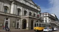 Car Traffic Opera Scala Milan Square Old Tram Arrives Stop Station Italy People HD Footage