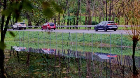 Car Traffic Reflected in a Beautiful Flooding Water Pond with Tree Reflection Stockbeeldmateriaal 265978558