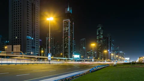 Car traffic on Sheikh Zayed road at night in downtown, skyscrapers with night 스톡 동영상 85817428