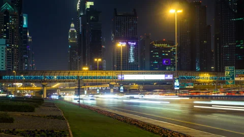 Car traffic on Sheikh Zayed road at night in downtown, Burj Khalifa Dubai Mall Stock Footage 87911234