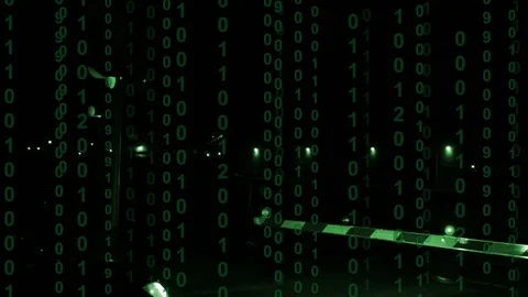 Car at a train crossing at night with binary computer code scrolling Stock Footage 102928145