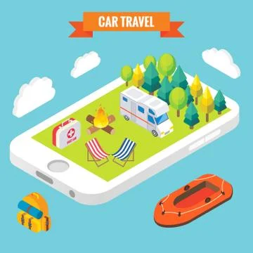 Car travel isometric objects on mobile phone screen. Vector illustration in flat Ilustração Stock
