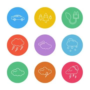 Car , tree , thunder  , ecology , sun , cloud , rain , weather , eps  icons s Ilustración de archivo