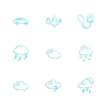 Car , tree , thunder  , ecology , sun , cloud , rain , weather , eps  icons s Stock Illustration