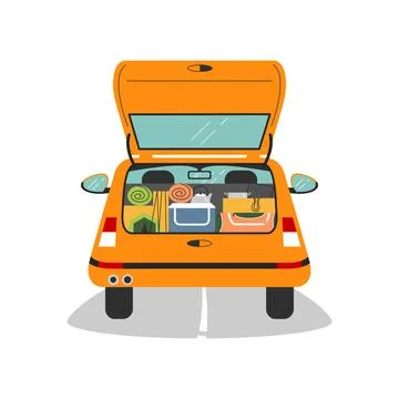 Car trunk is open and full of camping equipment. Automobile, back view Stock Illustration