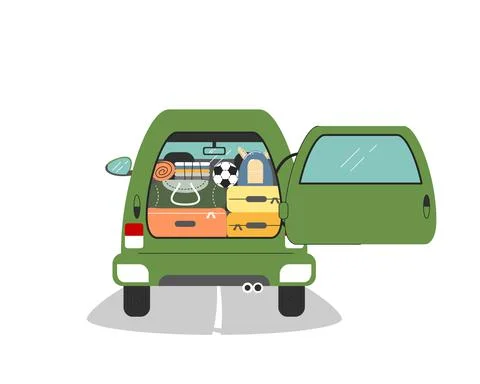 Car trunk is open and full of travel luggage. Automobile, back view with Stock Illustration