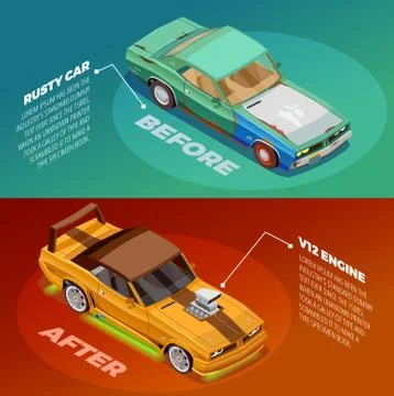 Car Tuning 2 Isometric Banners Set Stock Illustration