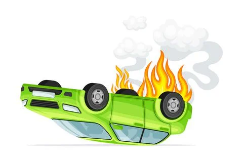 Car turned upside down in fire. Damaged vehicle, car insurance case vector Stock Illustration