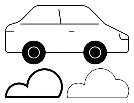 Car with two wheels and line details, accompanied by two simplified cloud sha Stock Illustration