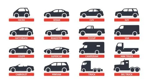 Car Type and Model Objects icons Set, automobile. Stock Illustration