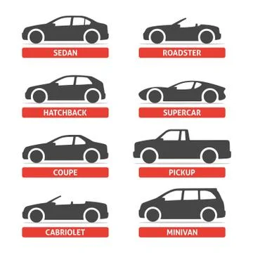 Car Type and Model Objects icons Set, automobile. Vector black illustration Stockillustratie