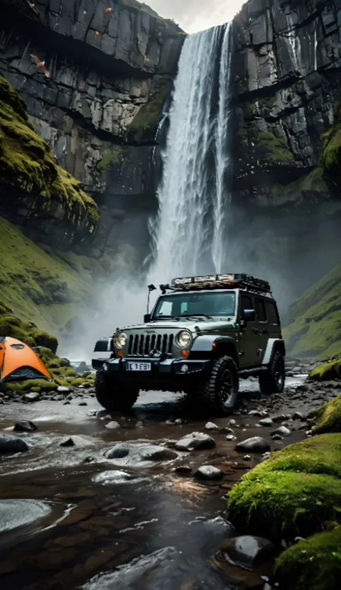 Car under rocky waterfall Stock Footage 284321637