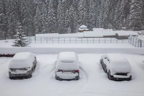 Car under a thick layer of snow. Three snow-covered cars during a winter bl.. Stock Photos