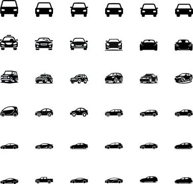 Car Vector Icon Set with Front and Side View Silhouettes Stock Illustration