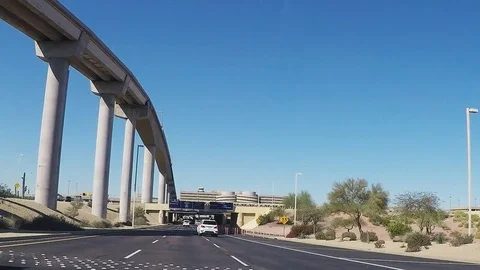 Car View Approaching Sky Harbor Airport Terminals- Phoenix Arizona Stock Footage