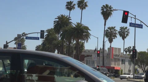 Car wait traffic red light intersection avenue Santa Monica blvd Los Angeles LA  Stock Footage 37381483