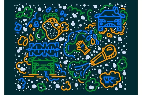 Car wash pattern. Cartoon lines icons in the circle doodle cleaning and cleaning Stock Illustration