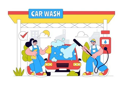 Car Wash Vector Illustration Featuring Professional Vehicle Cleaning Servic.. Illustrazione stock