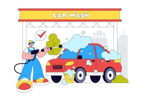 Car Wash Vector Illustration Featuring Professional Vehicle Cleaning Servic.. Illustrazione stock