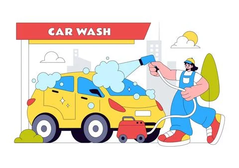 Car Wash Vector Illustration Featuring Professional Vehicle Cleaning Servic.. Illustrazione stock