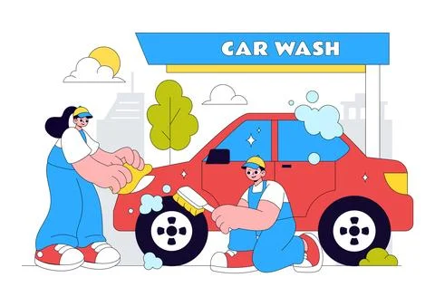 Car Wash Vector Illustration Featuring Professional Vehicle Cleaning Servic.. Illustrazione stock