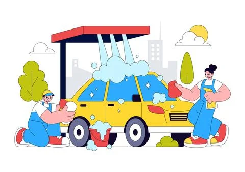 Car Wash Vector Illustration Featuring Professional Vehicle Cleaning Servic.. Illustrazione stock