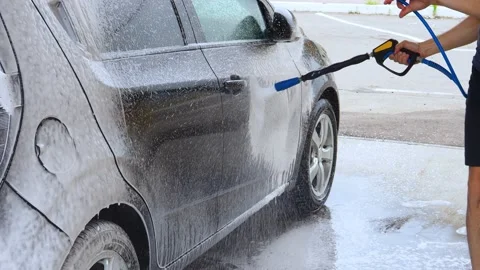 Car washing Cleaning using high pressure water Contactless self-service Stock Footage 156750372