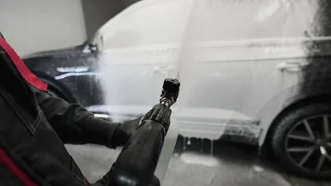 Car washing process in first person point of view. Foaming detergent covers side Video stock 151478868