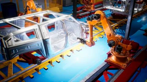 Car welding line of conveyor with frameworks of unfinished cars and robots Stock Illustration
