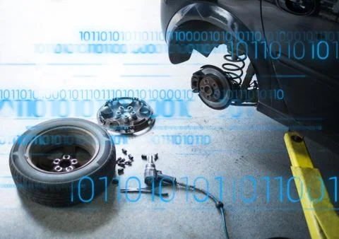 Car with wheel off and blue binary code Stockfoto's