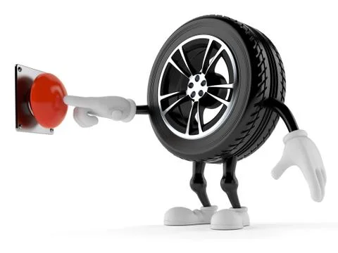 Car wheel character pushing button Stock Illustration