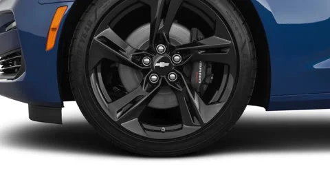 Car wheel close up side view Riverside Blue Metallic 2019 Chevrolet Camaro 2SS Stock Footage 160046142