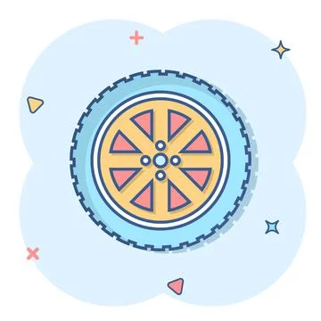 Car wheel icon in comic style. Vehicle part cartoon vector illustration on wh Stock Illustration