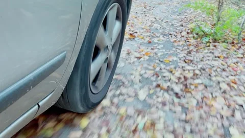 Car wheel while driving along country road covered with leaves. Stock Footage 254964642