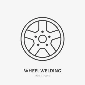 Car wheels flat line icon. Disks welding sign. Thin linear logo for welding Illustrazione stock