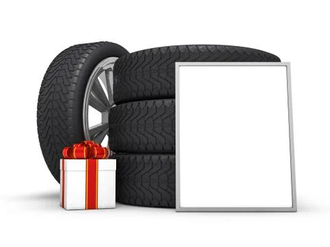Car wheels with white gift box and poster, white background. 3D rendering Illustrazione stock