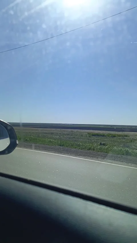 From the car window you can see the steppe, a meadow with green grass during a Stock Footage 336183501