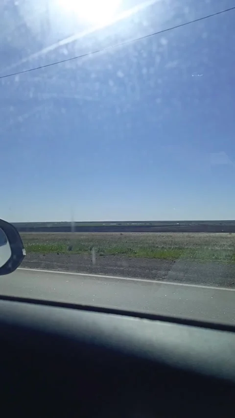 From the car window you can see the steppe, a meadow with green grass during a Stock Footage 336183515