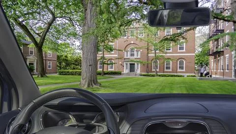 Car windshield view of the Harvard University Campus, Cambridge, USA Stock Photos