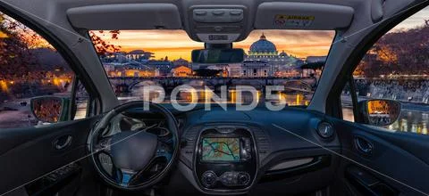 Car windshield view of Saint Peter's Church, Rome, Italy Stock Photos