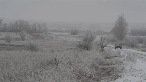Car on the winter road between fields and trees covered by snow. Ukraine. Stock Footage 71235550