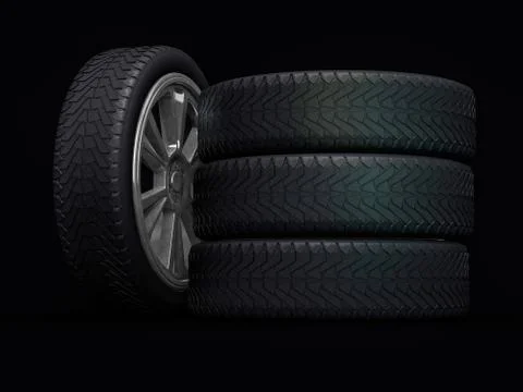 Car winter wheels, black background. 3D Stock Illustration