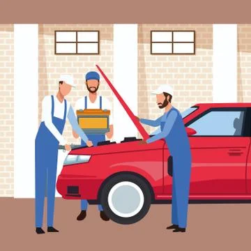 Car workshop scenery with car and mechanics repairing it, colorful design Illustrazione stock