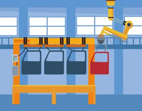 Car workshop scenery with machine with car doors and industrial arm holding a Illustrazione stock
