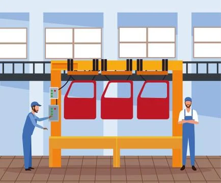Car workshop scenery with machine with car doors and mechanics supervising Stock Illustration
