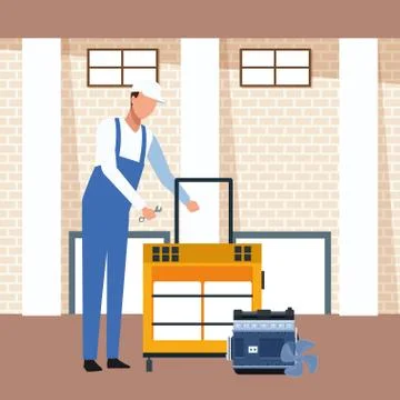 Car workshop scenery with mechanic with tools trolley Illustrazione stock